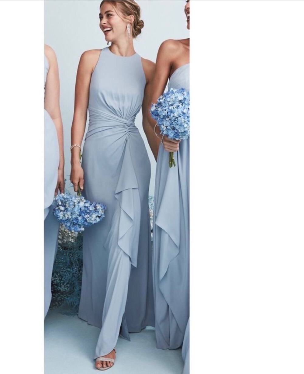 David’s Bridal Ice Blue Sleeveless High Neck Draped Front Brisdesmaid Gown 10